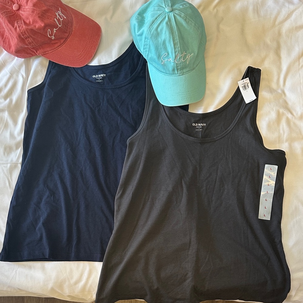 Old Navy Black and Navy Tank Tops with Red and Blue Caps